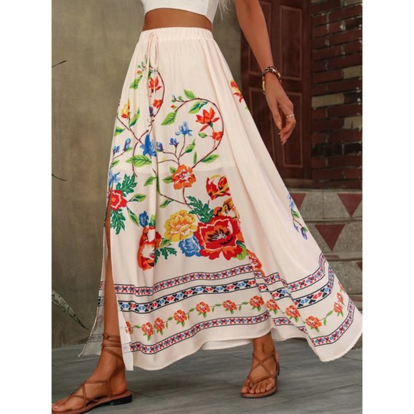 Boho Floral Print Knot Waist Split Thigh Skirt
